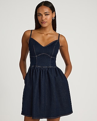 Dark Wash Denim Sweetheart Corset Fit and Flare Mini Dress