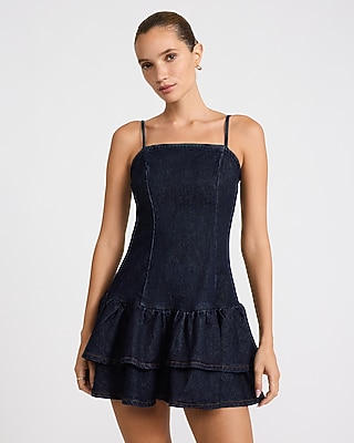 Denim Square Neck Drop Waist Ruffle Tiered Mini Dress