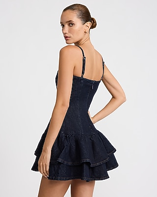 Denim Square Neck Drop Waist Ruffle Tiered Mini Dress - thumbnail 3