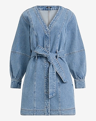 Denim V-Neck Long Sleeve Tie Waist Mini Dress