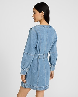 Denim V-Neck Long Sleeve Tie Waist Mini Dress