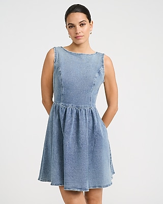 boat neck denim dress Denim Boat Neck Sleeveless Fit & Flare Mini Dress With Pockets