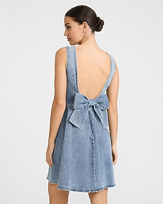 Stretch Denim Boat Neck Low Back Bow Mini Dress | Express