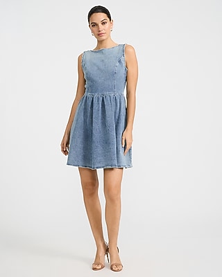 denim boat neck dress Stretch Denim Boat Neck Low Back Bow Mini Dress