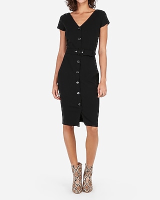 express belted button front sheath dress