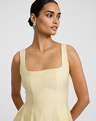 Organza Square Neck Seamed Smocked Back Midi Dress