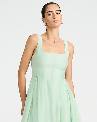 Organza Square Neck Seamed Smocked Back Midi Dress