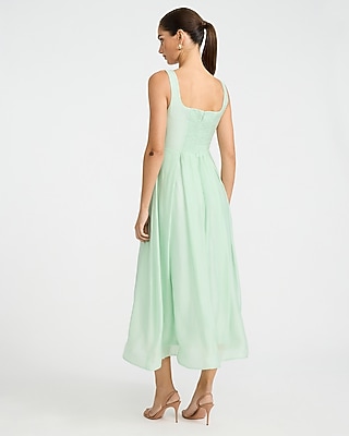 Organza Square Neck Seamed Smocked Back Midi Dress