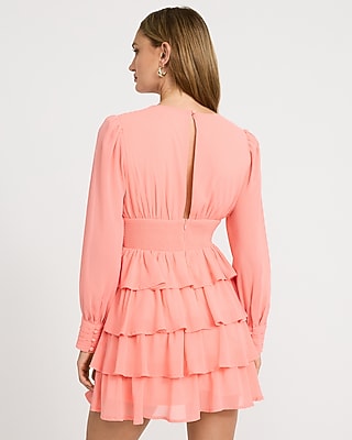 Chiffon V-Neck Long Sleeve Tiered Ruffle Mini Dress - image 3