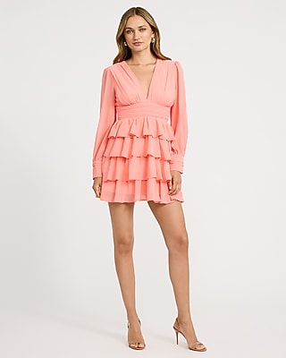 Chiffon V-Neck Long Sleeve Tiered Ruffle Mini Dress - image 4