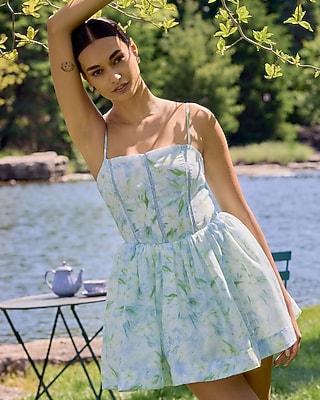 Floral Square Neck Lace Smocked Back Mini Fit and Flare Dress