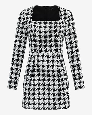 Houndstooth Square Neck Long Sleeve Mini Dress