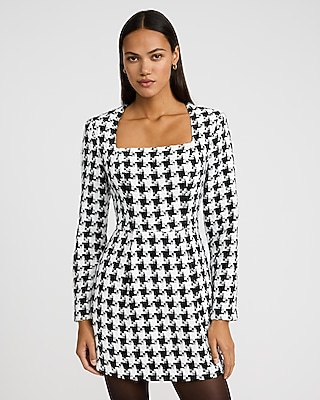 Houndstooth Square Neck Long Sleeve Mini Dress