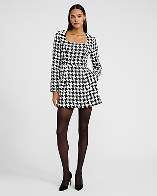 Houndstooth Square Neck Long Sleeve Mini Dress