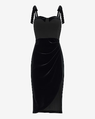 Ruched Mixed Media Sweetheart Tie Shoulder Midi Dress