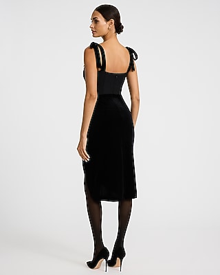 Ruched Mixed Media Sweetheart Tie Shoulder Midi Dress