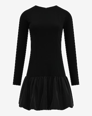 Crew Neck Long Sleeve Drop Waist Bubble Hem Mini Dress