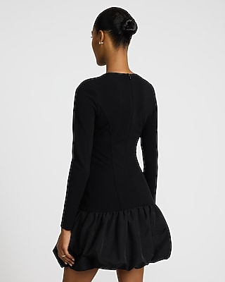 Crew Neck Long Sleeve Drop Waist Bubble Hem Mini Dress
