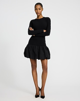Crew Neck Long Sleeve Drop Waist Bubble Hem Mini Dress
