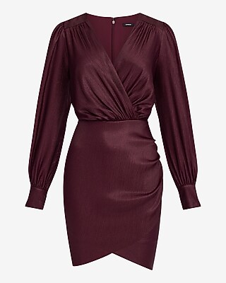 Metallic V-Neck Long Sleeve Wrap Mini Dress