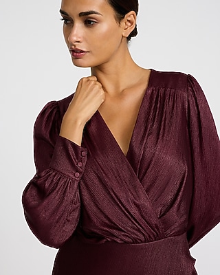 Metallic V-Neck Long Sleeve Wrap Mini Dress