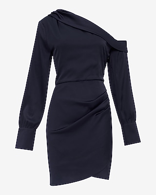 Satin Off The Shoulder Long Sleeve Asymmetrical Wrap Mini Dress