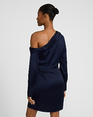 Satin Off The Shoulder Long Sleeve Asymmetrical Wrap Mini Dress