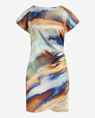 Printed Satin Ruched Crew Neck Mini Sheath Dress - image 5