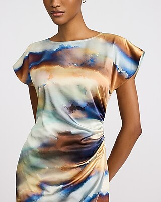 Printed Satin Ruched Crew Neck Mini Sheath Dress - image 2
