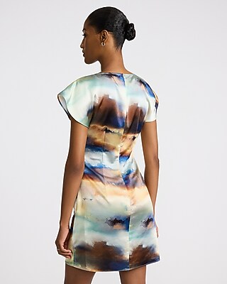 Printed Satin Ruched Crew Neck Mini Sheath Dress - image 3