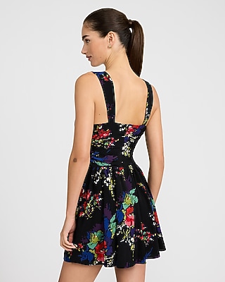 Floral Square Neck Ruched Mini Dress with Pockets