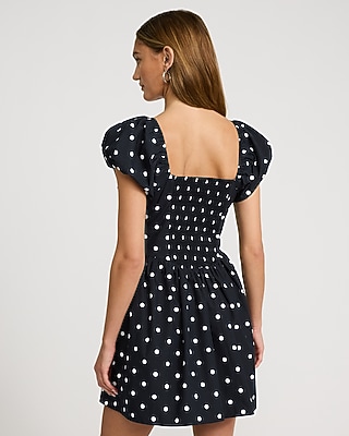 Polka Dot Square Neck Short Puff Sleeve Mini Dress with Pockets