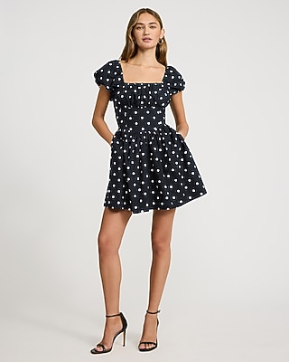 Polka Dot Square Neck Short Puff Sleeve Mini Dress with Pockets