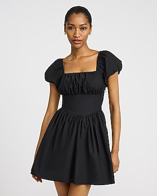Square Neck Puff Sleeve Mini Dress With Pockets | Express