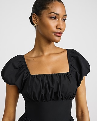 Square Neck Puff Sleeve Mini Dress with Pockets