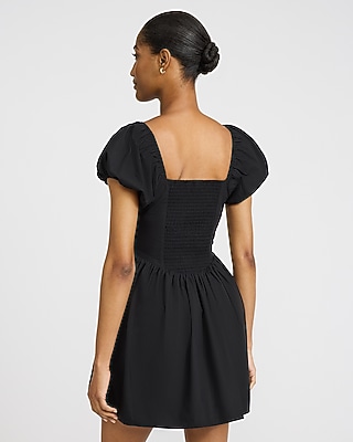 Square Neck Puff Sleeve Mini Dress with Pockets