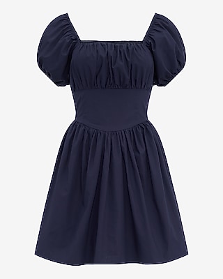 Poplin Square Neck Puff Sleeve Corset Mini Dress with Pockets
