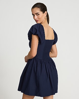 Poplin Square Neck Puff Sleeve Corset Mini Dress with Pockets