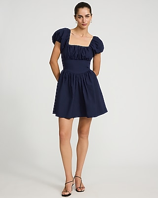 Poplin Square Neck Puff Sleeve Corset Mini Dress with Pockets