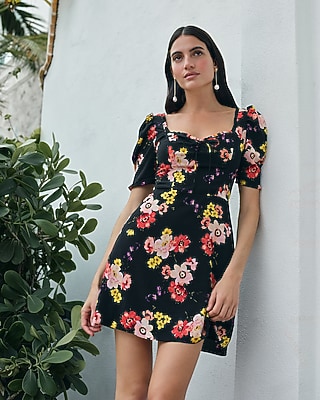 Floral Ruffle Sweetheart Puff Sleeve Mini Dress