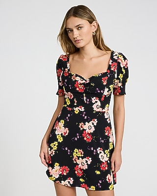 Floral Ruffle Sweetheart Puff Sleeve Mini Dress