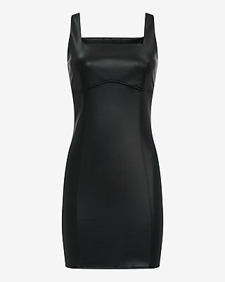 Faux Leather Square Neck Sleeveless Seamed Mini Dress
