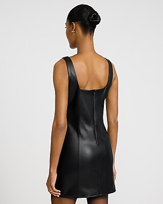Faux Leather Square Neck Sleeveless Seamed Mini Dress