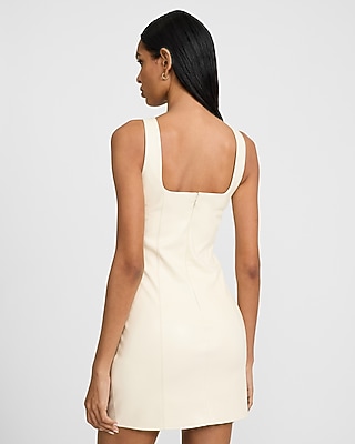 Faux Leather Square Neck Sleeveless Seamed Mini Dress