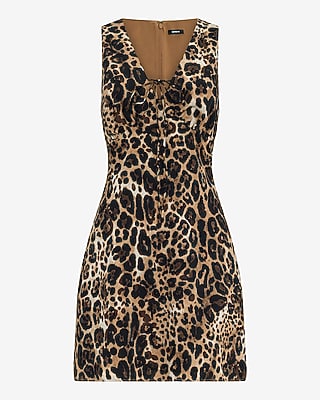 Leopard V-Neck Tie Front Mini Dress with Pockets