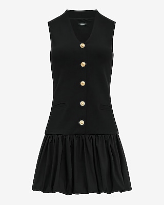 V-Neck Novelty Button Mini Bubble Dress