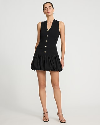 V-Neck Novelty Button Mini Bubble Dress