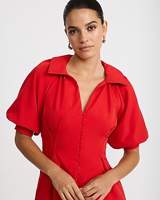 Collared Puff Sleeve Button Front Maxi Shirt Dress - thumbnail 2