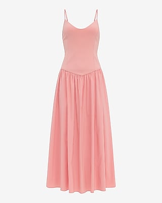 Mixed Media V-Neck Drop Waist Midi Dress with Pockets