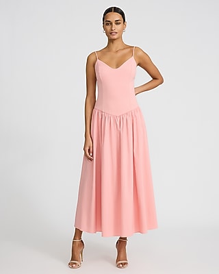 Mixed Media V-Neck Drop Waist Midi Dress with Pockets